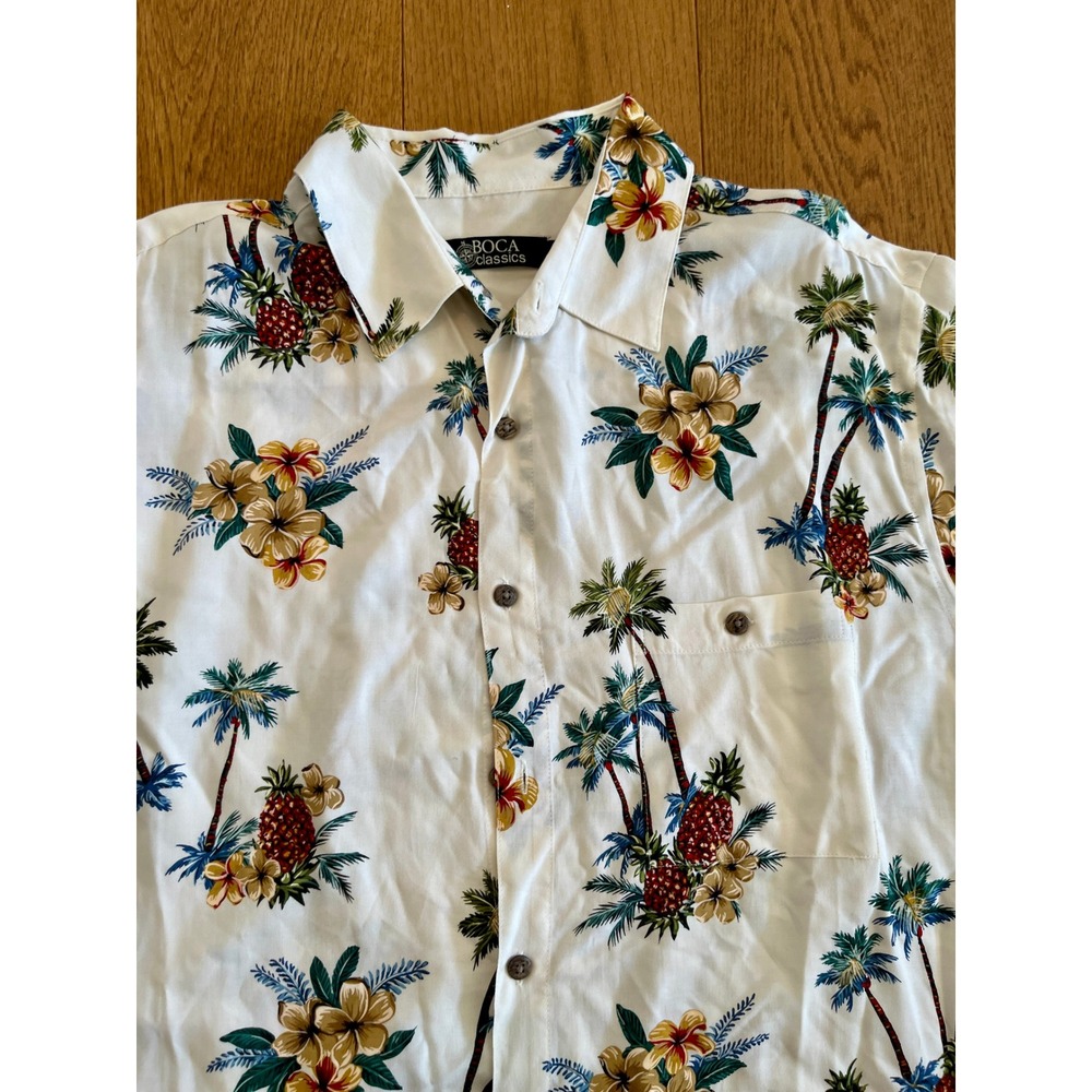 Boca Classics Button Down Shirt Mens Large White Excellent Tropical Palm Print